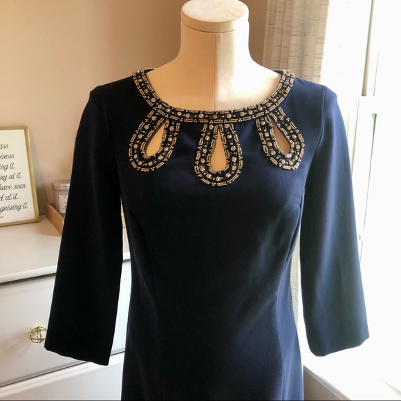 LILLY PULITZER Bronte Embellished Keyhole Crepe Shift Dress Navy/Gold Sz 2 - Picture 8 of 15